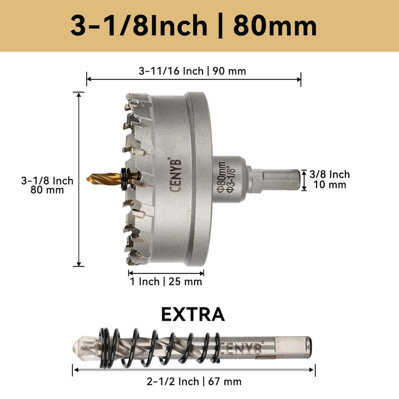 cenyb 3-1/8" (80mm) Tungsten Carbide Tipped Hole Saw with 2Pcs Titanium-Plated Pilot Drill Bits for Hard Metal,Stainless Steel,Iron,Aluminum Alloy,Wood and Plastic - Image 2